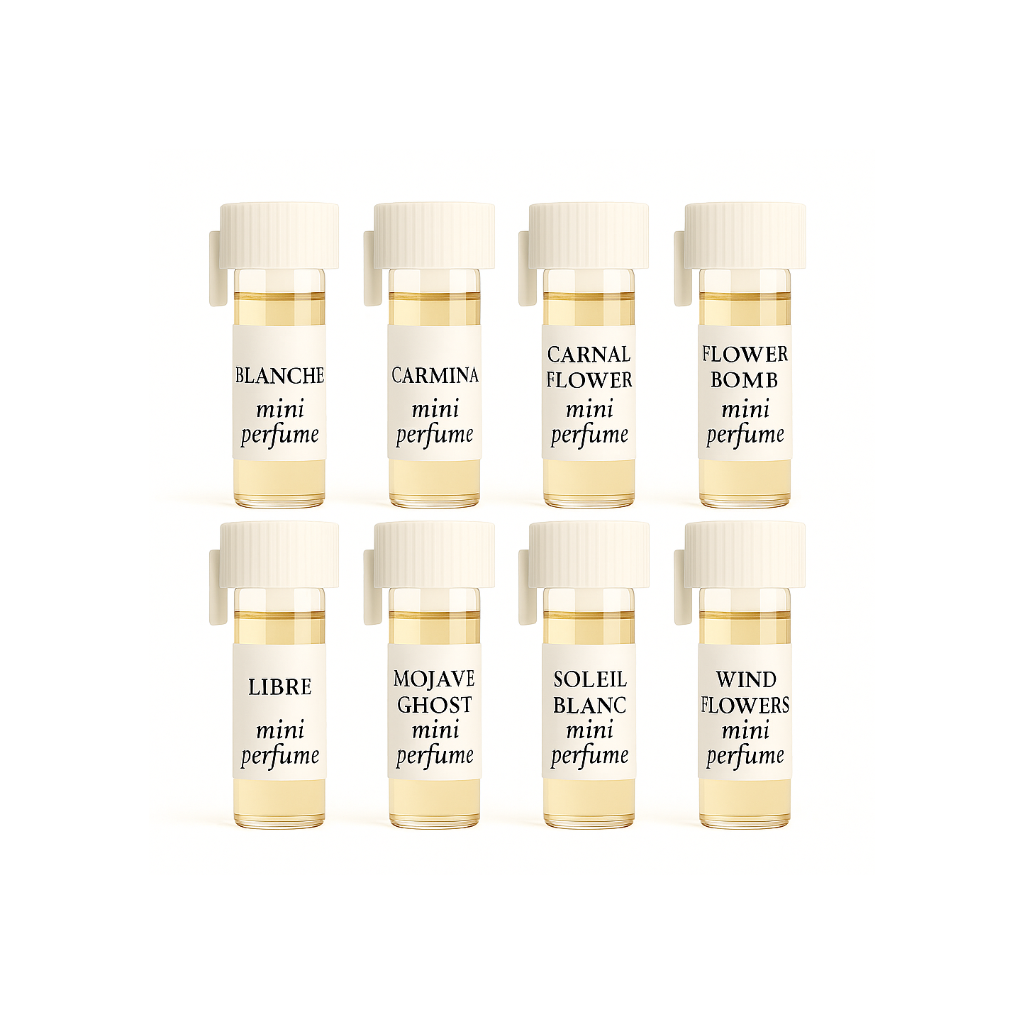 Designer Floral Mini Perfume Set featuring eight 1/6-dram vials of Blanche, Carmina, Carnal Flower, Flowerbomb, Libre, Mojave Ghost, Soleil Blanc, and Wind Flowers arranged in two rows.