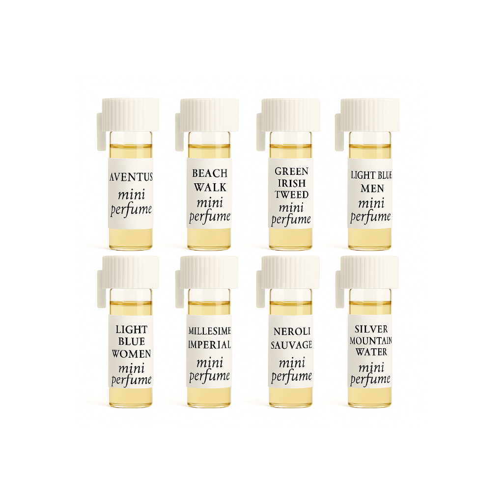 Designer Fresh Mini Perfume Set featuring eight 1/6-dram vials of Aventus, Beach Walk, Green Irish Tweed, Light Blue Men, Light Blue Women, Millesime Imperial, Neroli Sauvage, Silver Mountain Water arranged in two rows.