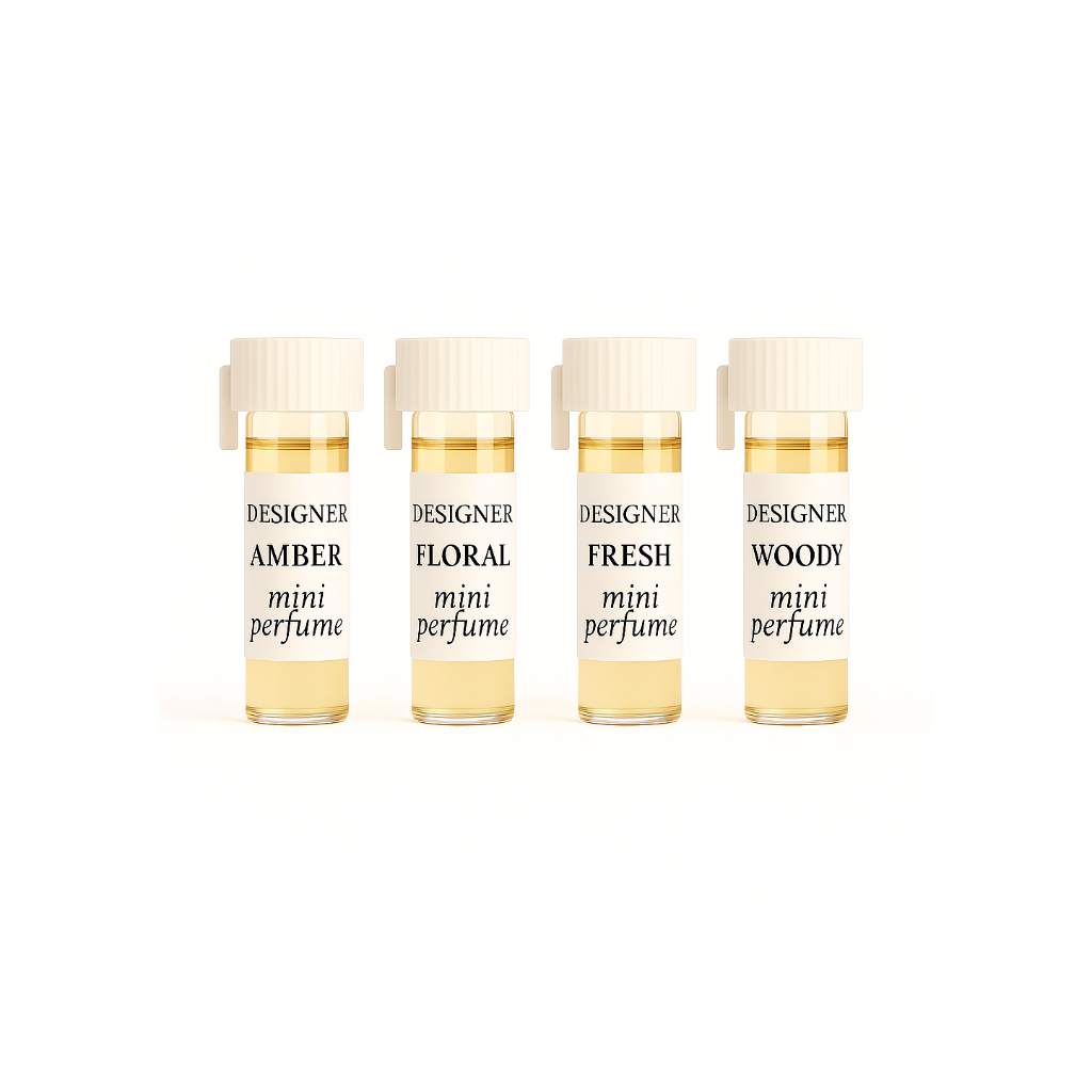 Designer Mini Perfume Discovery Set featuring multiple 1/6-dram vials arranged in a white tray with coordinated labels.

