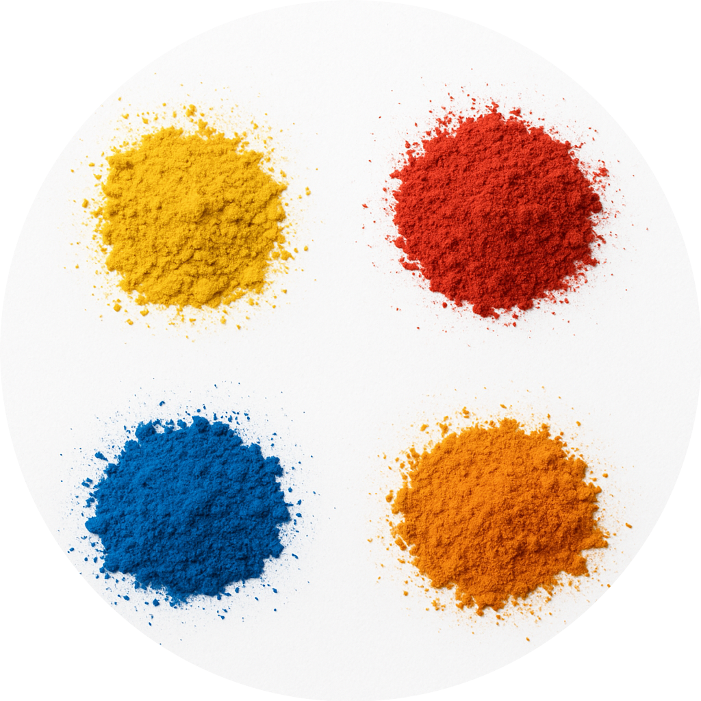Four colorful mounds of powdered pigments in red, yellow, blue, and orange on a white background, representing cosmetic colorants