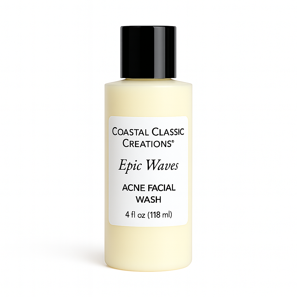 Epic Waves Acne Facial Wash in cream 4 oz bottle with black cap and white label, shown on a white background