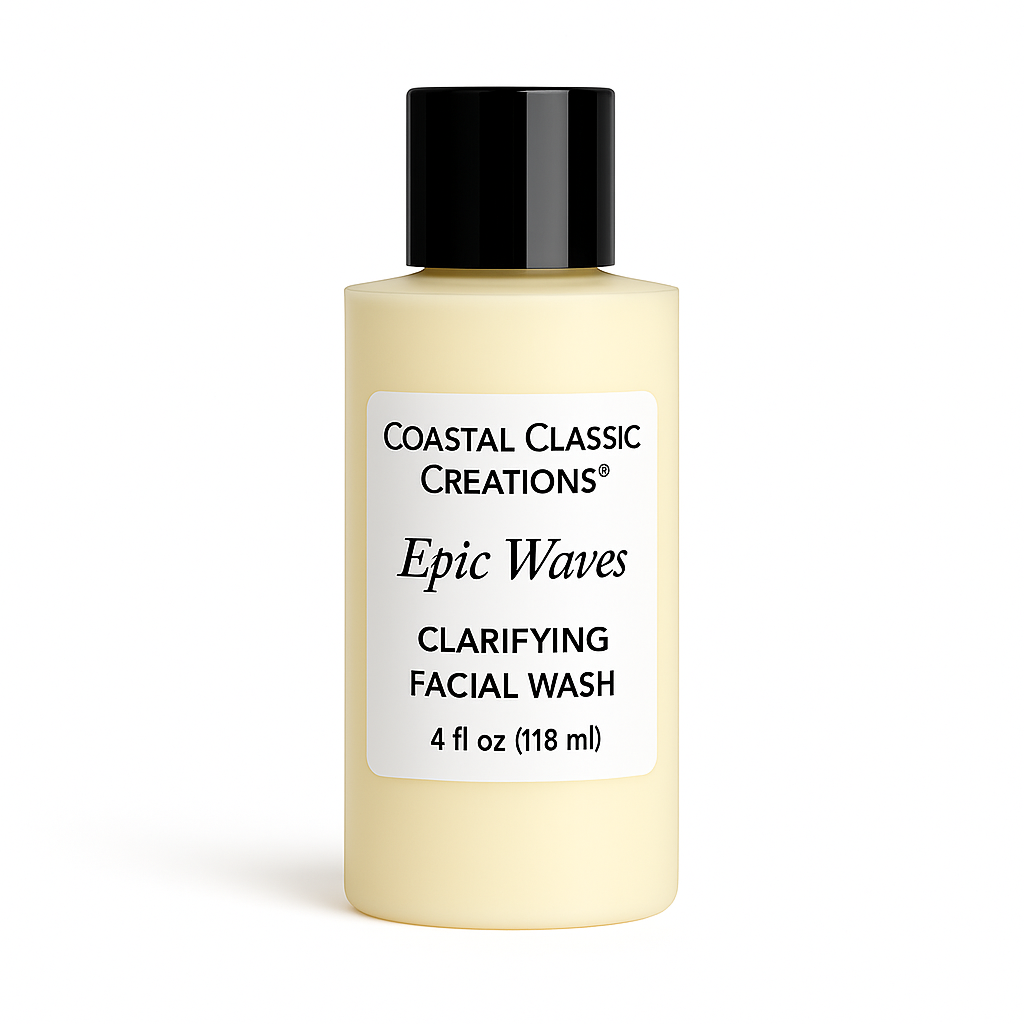 Epic Waves Clarifying Facial Wash in cream 4 oz bottle with black cap and white label, shown on a white background