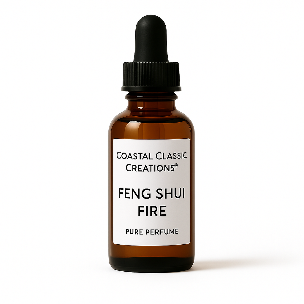 Brown glass bottle with dropper labeled 'Feng Shui Fire' from Coastal Classic Creations on a white background