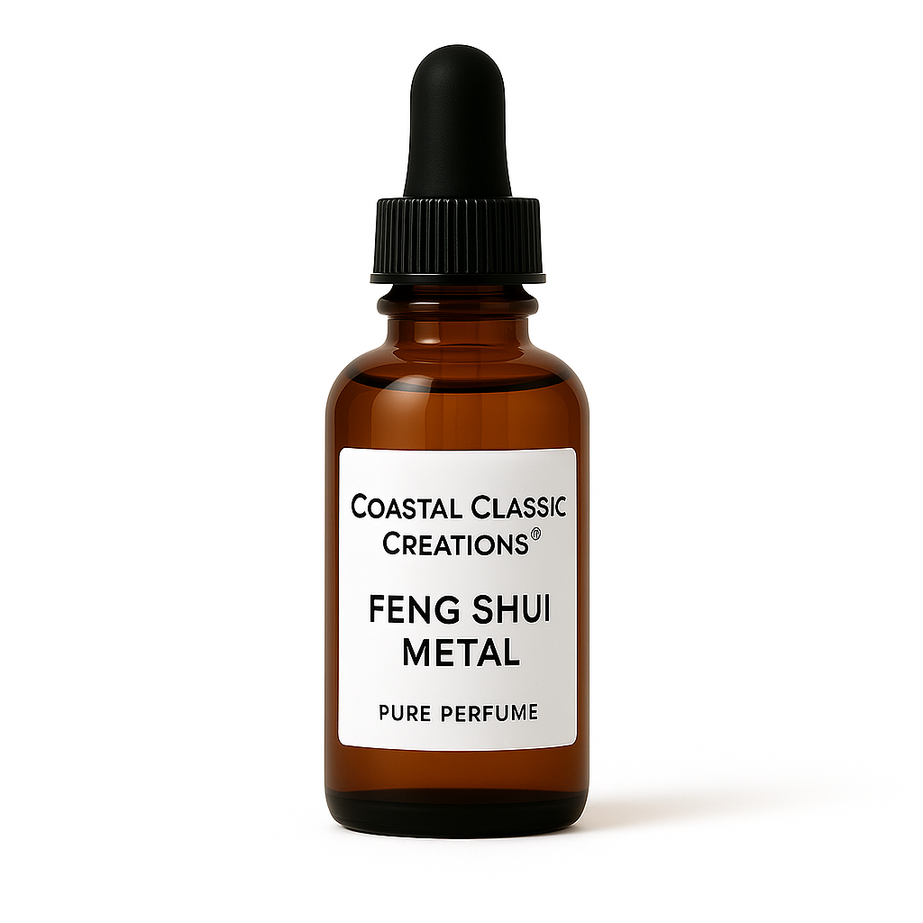 Amber dropper bottle of Feng Shui Metal Pure Perfume with clean white label and black text, shown on a white background