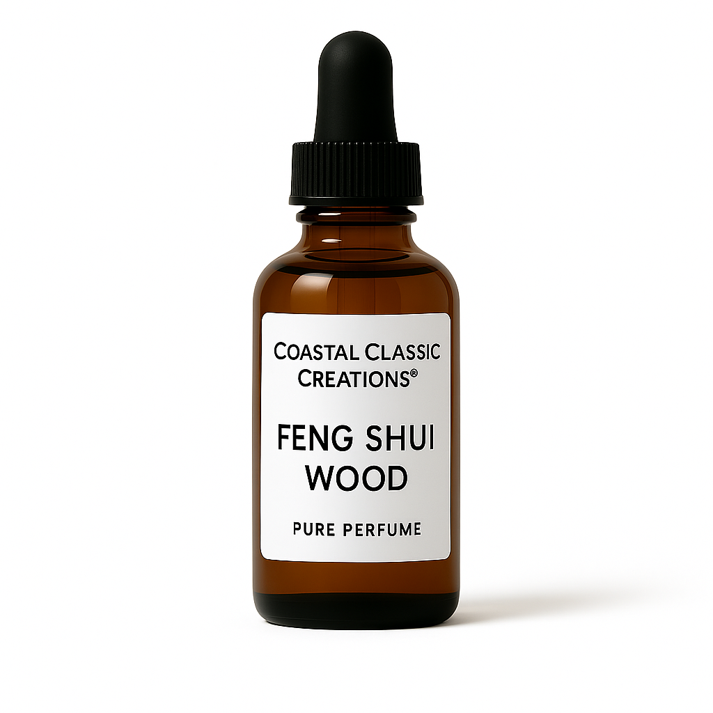 Brown glass bottle with dropper labeled 'Feng Shui Wood' from Coastal Classic Creations on a white background