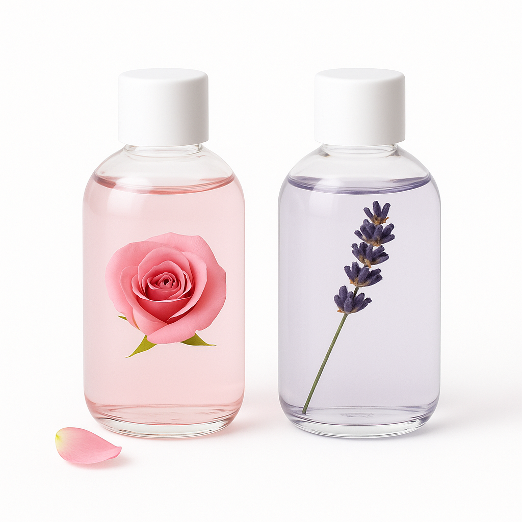 Two small clear glass bottles with rose petals and lavender sprigs on a white background, representing floral waters