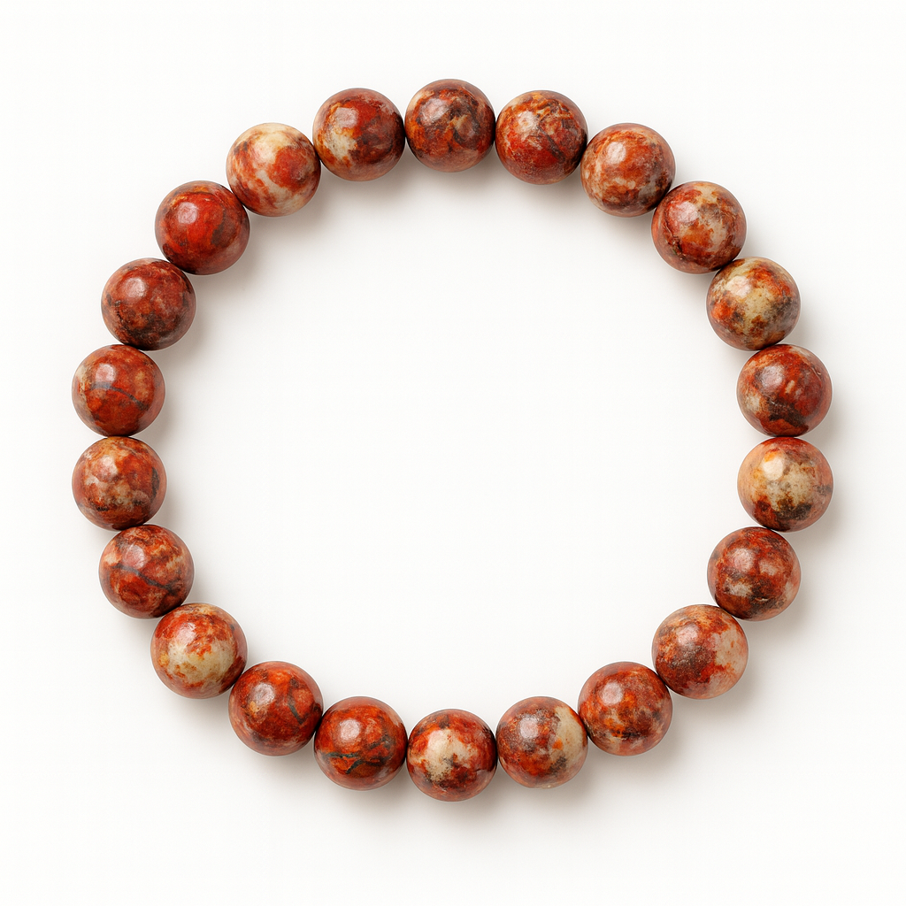 Stretch cord bracelet with polished 8mm flower poppy jasper gemstones arranged in a circle on a white background