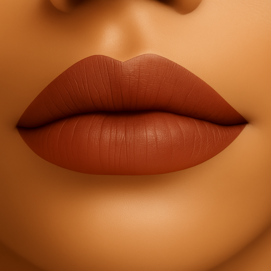 Close-up of lips wearing Golden Horizon matte lipstick. Amber-brown shade with rich pigment and velvety matte texture, shown on a neutral skin tone.