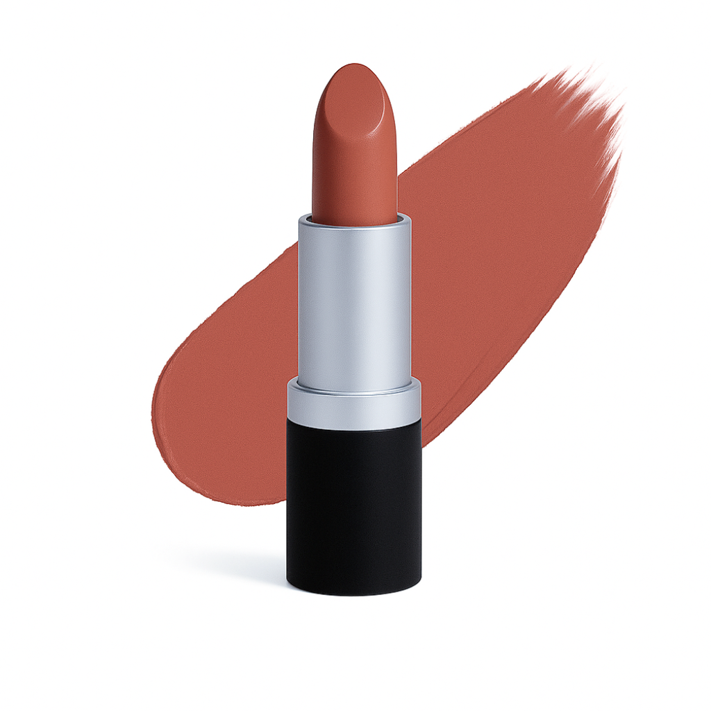 Golden Horizon matte lipstick shown on a pure white background. Warm amber-brown shade with a satin-matte finish and smooth surface texture.