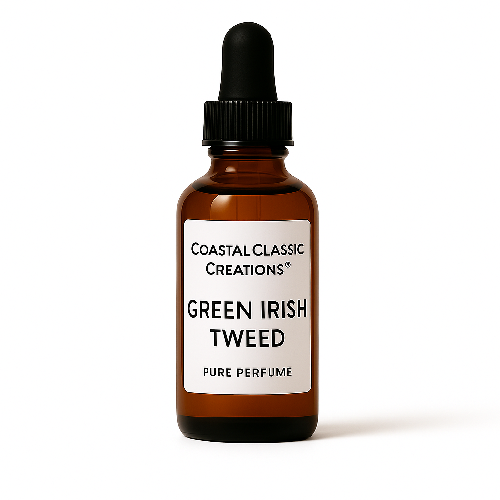 Bottle of Green Irish Tweed Type Pure Perfume with fresh green and woody notes on a white background