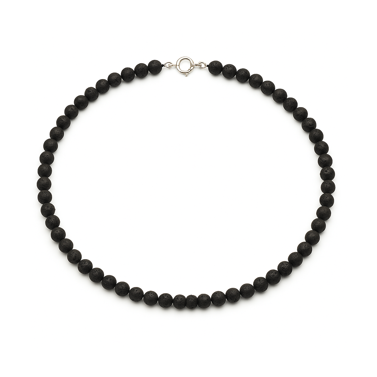 A 16-inch necklace composed of 4 mm matte black lava rock gemstones with subtle natural texture, finished with a sterling silver clasp and photographed on a clean white background.