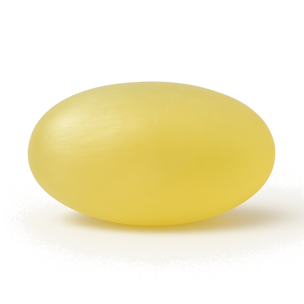 Oval amber yellow facial bar with glossy finish, featuring red mandarin and hemp seed oil, displayed on white background