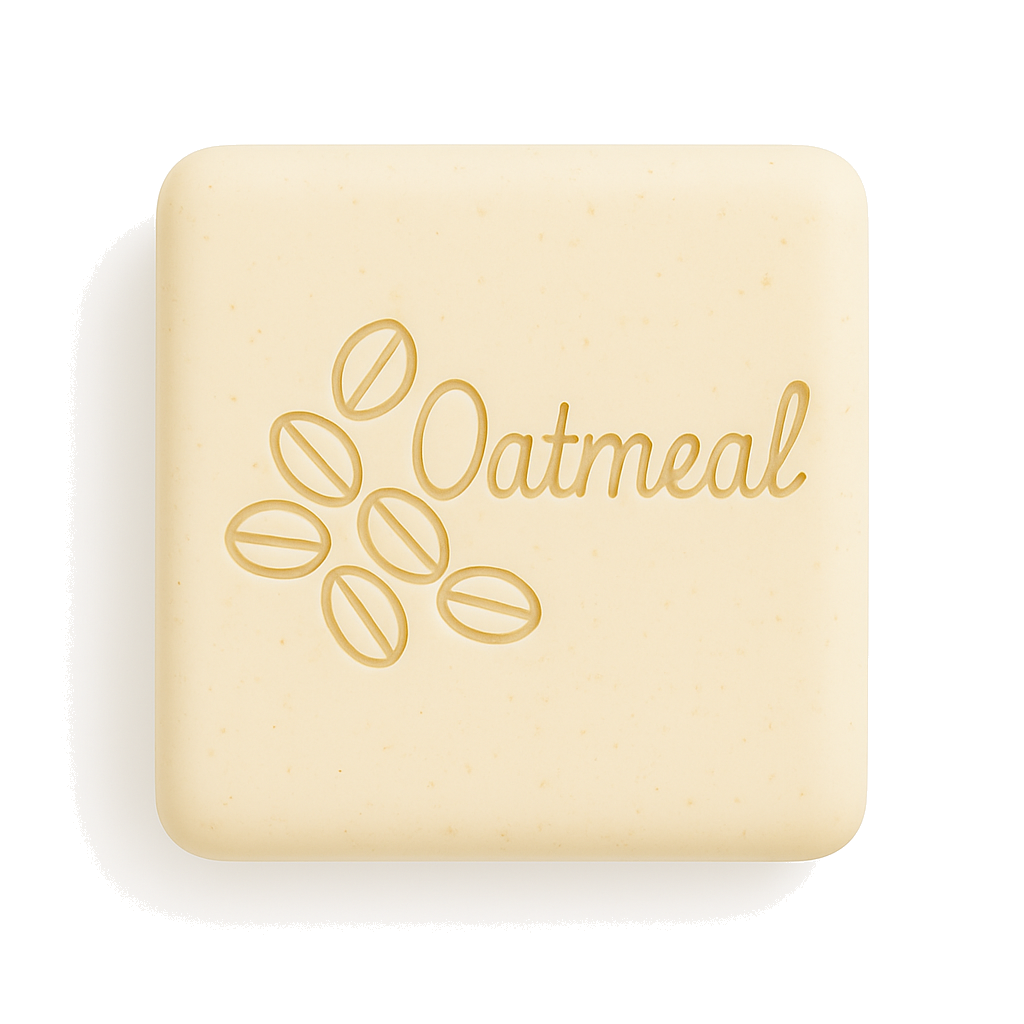 Square pale beige oatmeal soap with embossed oat motifs and fine speckles, shown on a clean white background