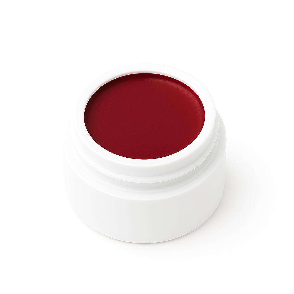 White cosmetic jar with burgundy-rose cheek and lip tint, smooth glossy finish, shown from above on a clean white background