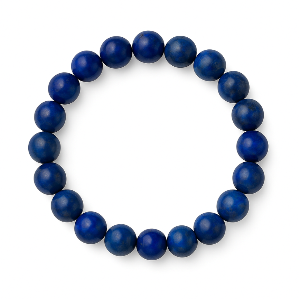 Round bracelet with deep blue lapis lazuli beads, featuring subtle tone variations and flecks, shown on white background