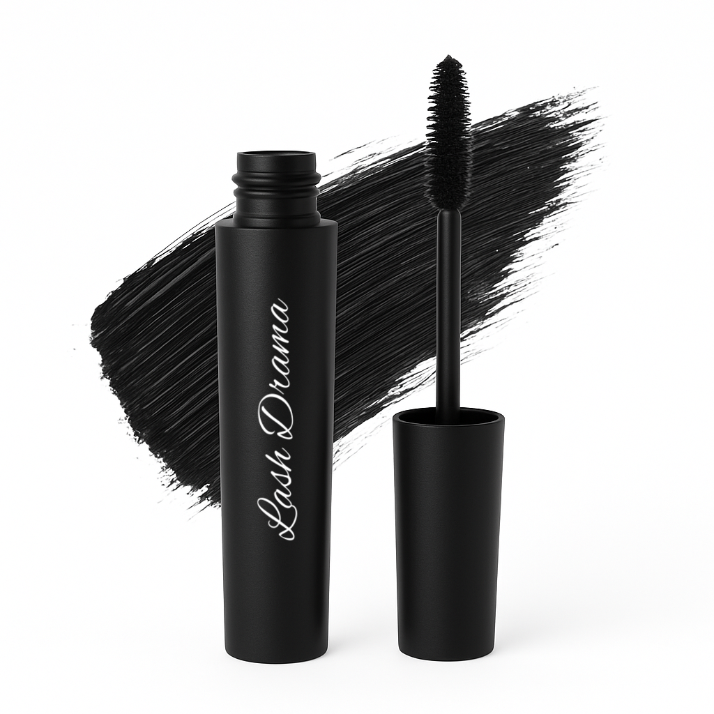 Black tube of Lash Drama Volumizing Mascara with wand and bold black swatch behind on white background