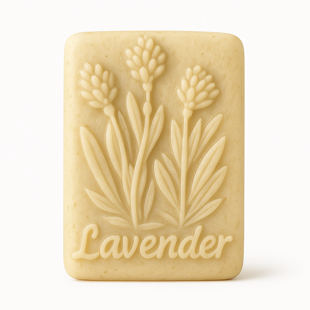 Rectangular lavender oatmeal soap bar embossed with lavender sprigs and 'Lavender', shown on a clean white background