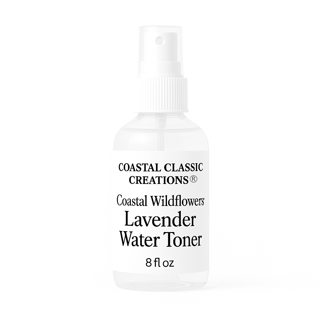 Coastal Wildflowers Lavender Water Toner in 8 fl oz clear spray bottle with white pump top