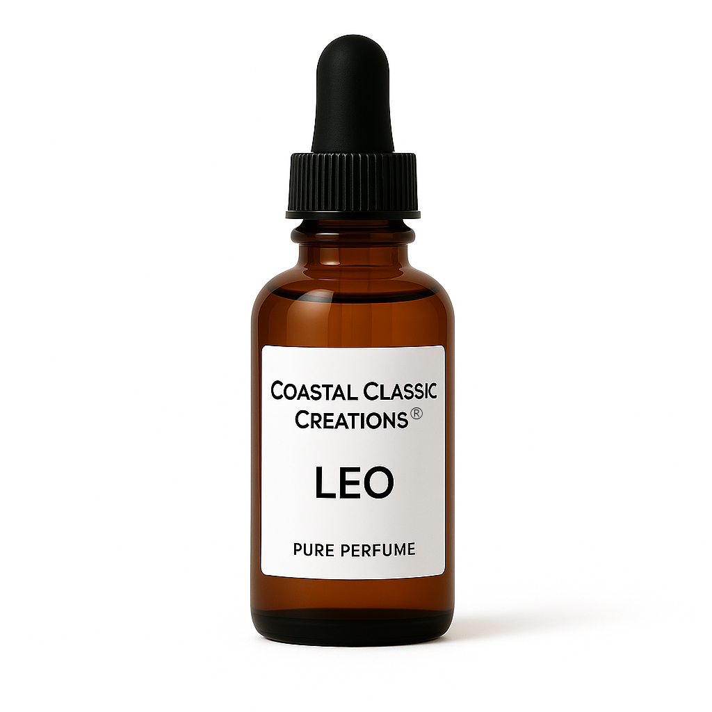 Amber glass dropper bottle labeled "Coastal Classic Creations® Leo Pure Perfume" with a white label and black text, displayed against a white background