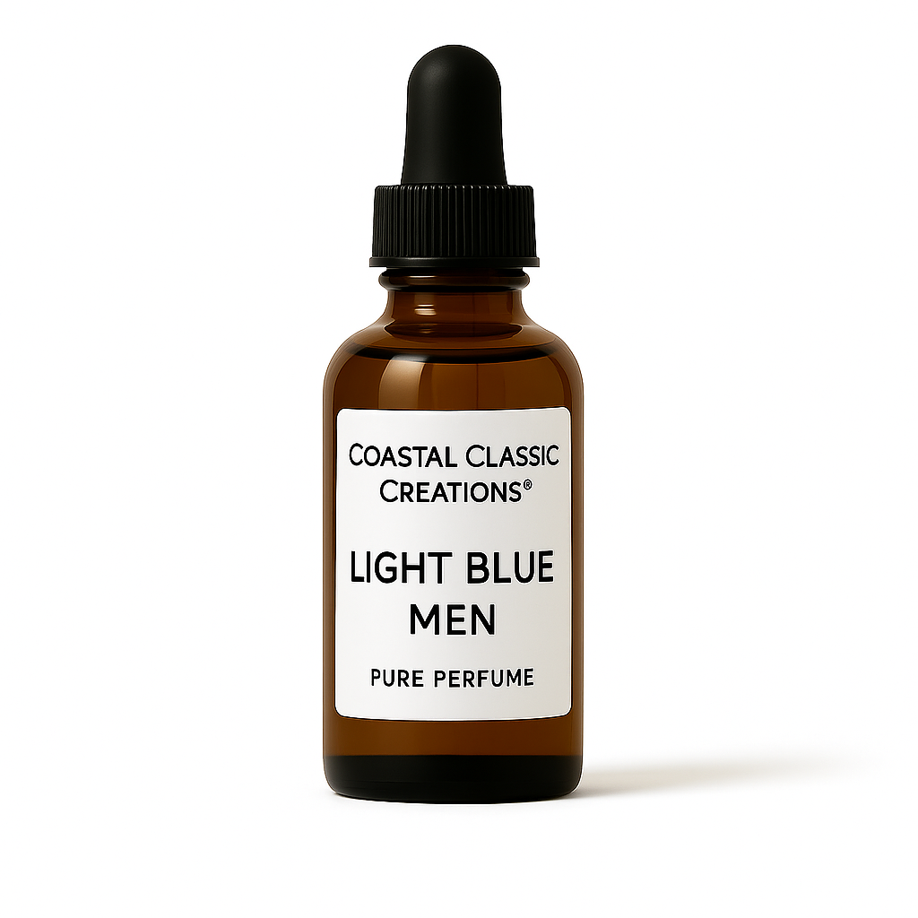 Bottle of Light Blue Men Type Pure Perfume with citrus, juniper, cedarwood, and blue musk notes on a white background