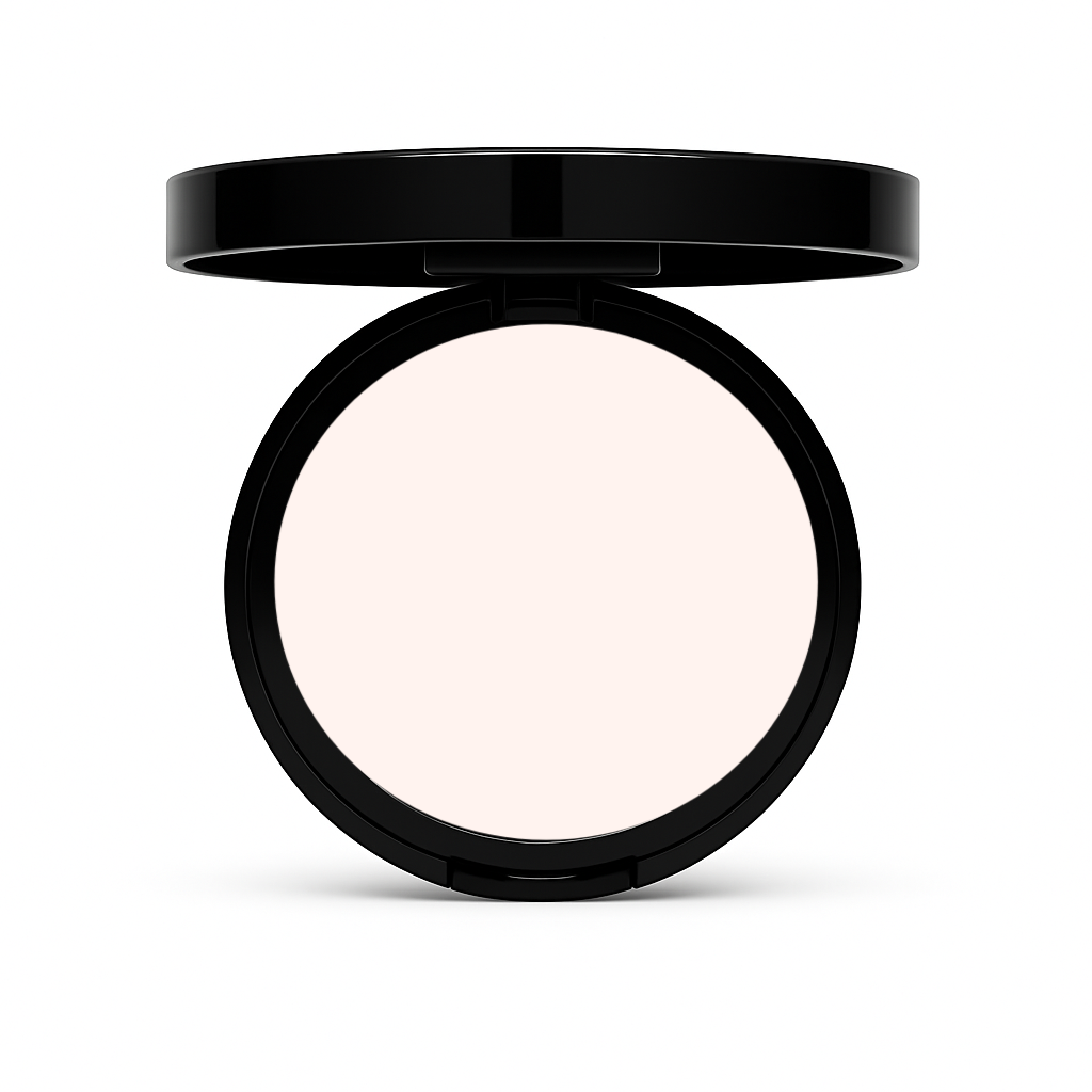 Open compact of Matte Powder Foundation in Light Porcelain with soft ivory pressed powder in black case on white background