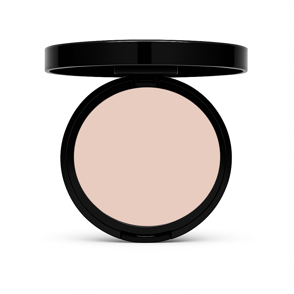 Open compact of Matte Powder Foundation in Linen with warm beige pressed powder in black case on white background
