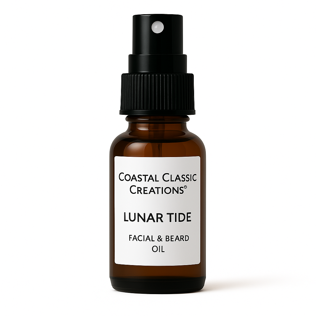 Lunar Tide Citrus Facial & Beard Oil in amber spray bottle with black atomizer and white label, shown on a pure white background