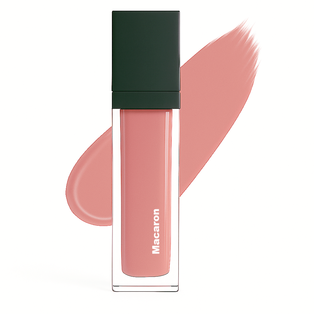 Macaron lip gloss in clear square tube with black cap, shown with soft petal-pink swatch on white background