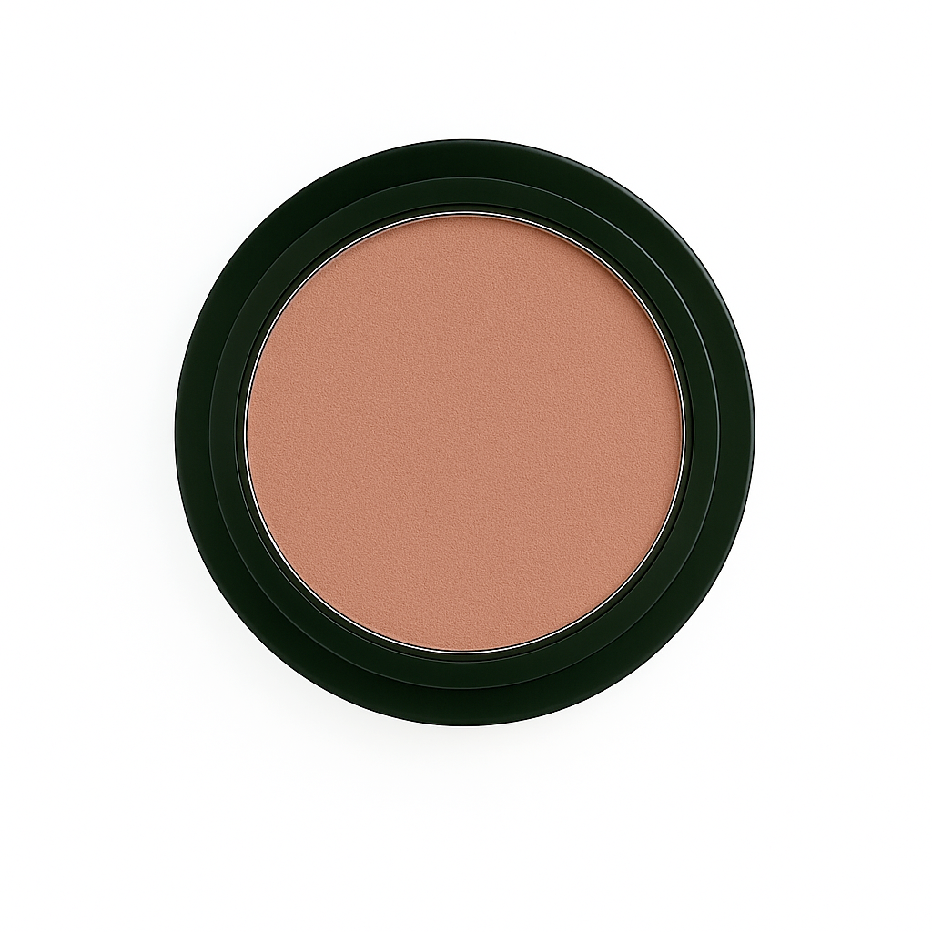 Round pan of warm medium brown matte eyeshadow with reddish undertones in black compact on a white background