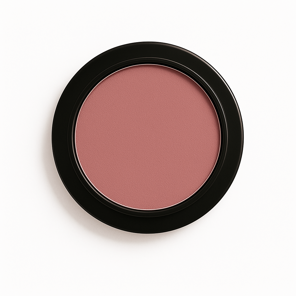 Round pan of warm tan matte eyeshadow in a black compact, displayed on a clean white background