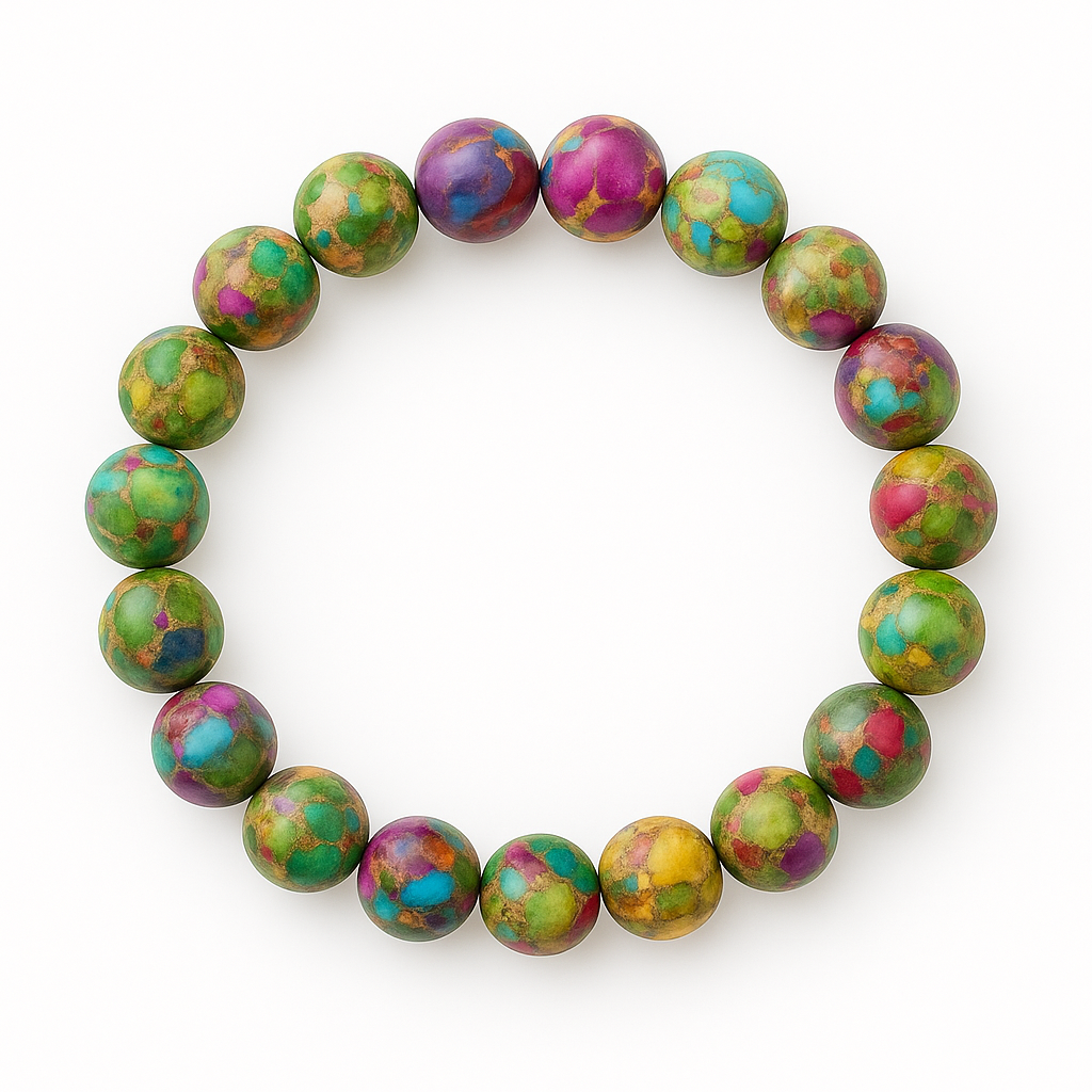 Round 8mm mardi gras impression jasper stretch cord bracelet on a white background