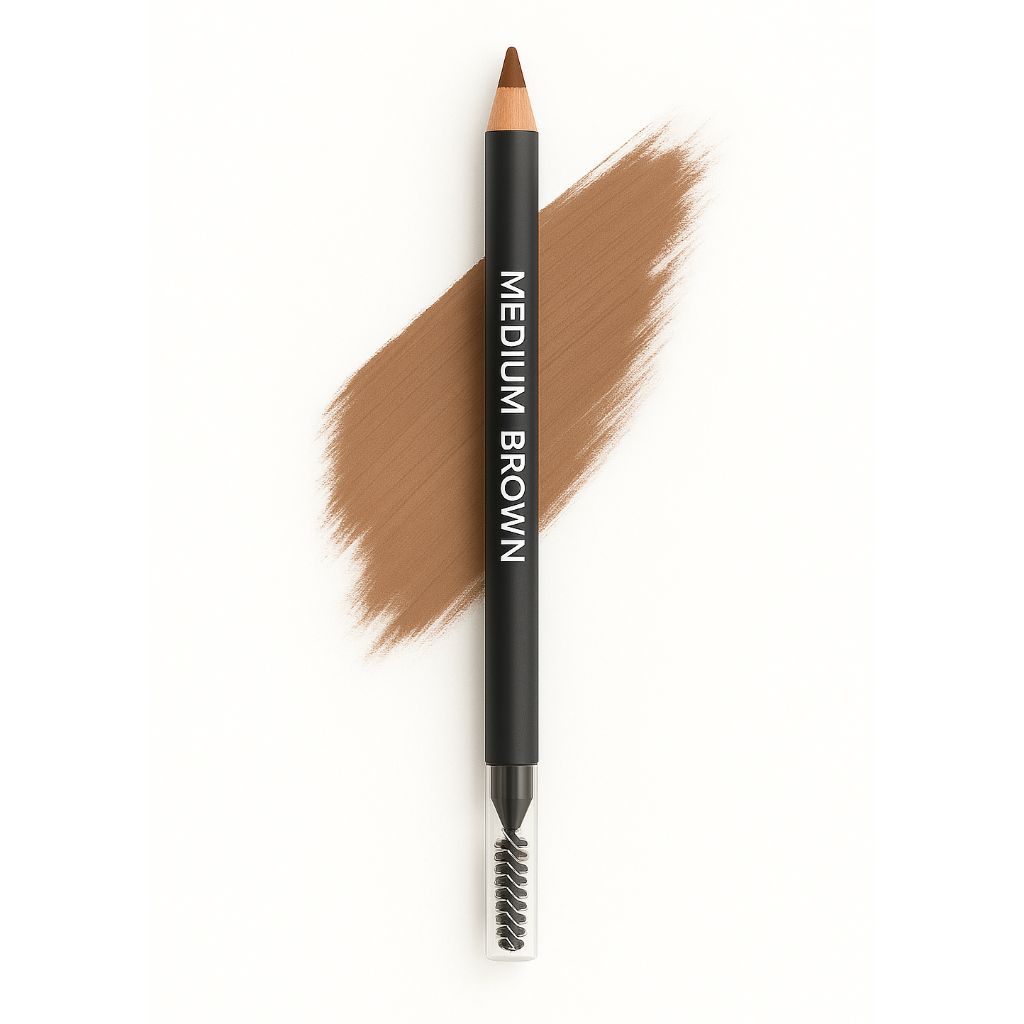 Dual-ended medium brown brow pencil with spoolie and taupe-brown swatch on white background