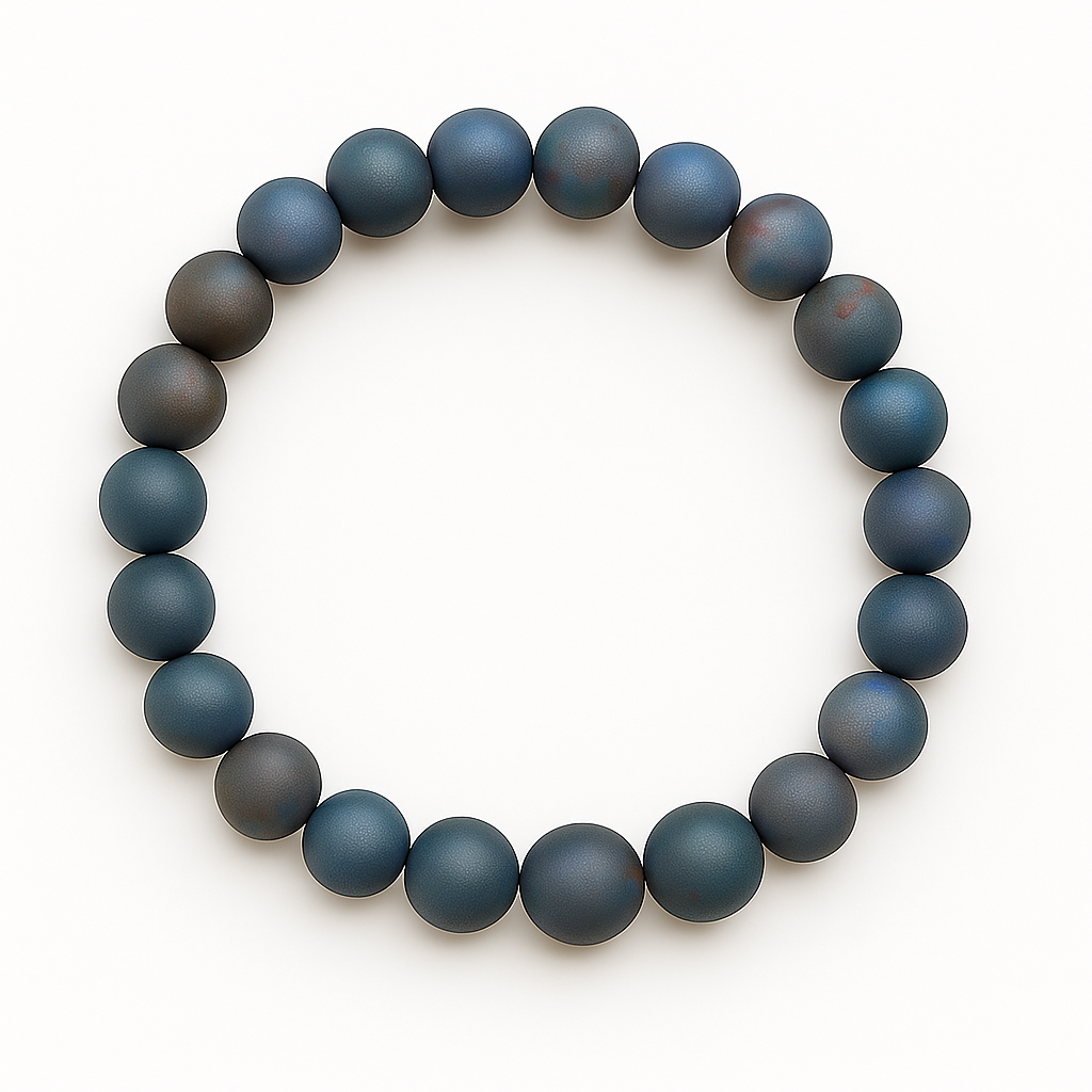 Round bracelet with matte druzy beads in deep teal, navy, and bronze tones, arranged in a circle on a white background