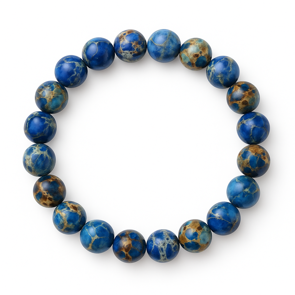 Circular stretch bracelet with polished midnight blue impression jasper beads featuring marbled patterns on white background