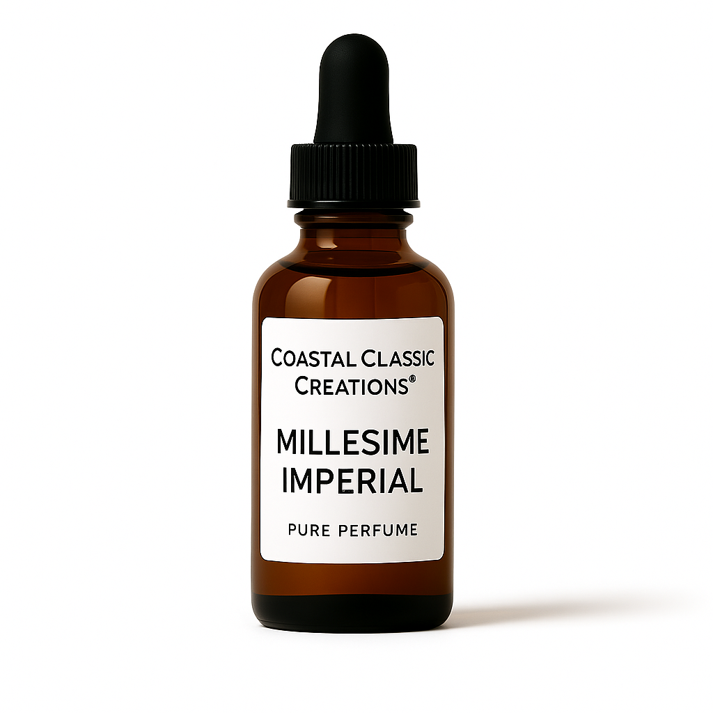 Bottle of Millesime Imperial Type Pure Perfume with citrus, floral, and amber notes on a white background