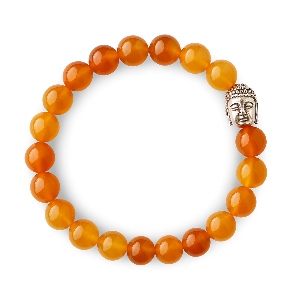 Carnelian stretch bracelet with 8mm orange-amber beads and a silver-toned Buddha head charm, shown in a circle on white background