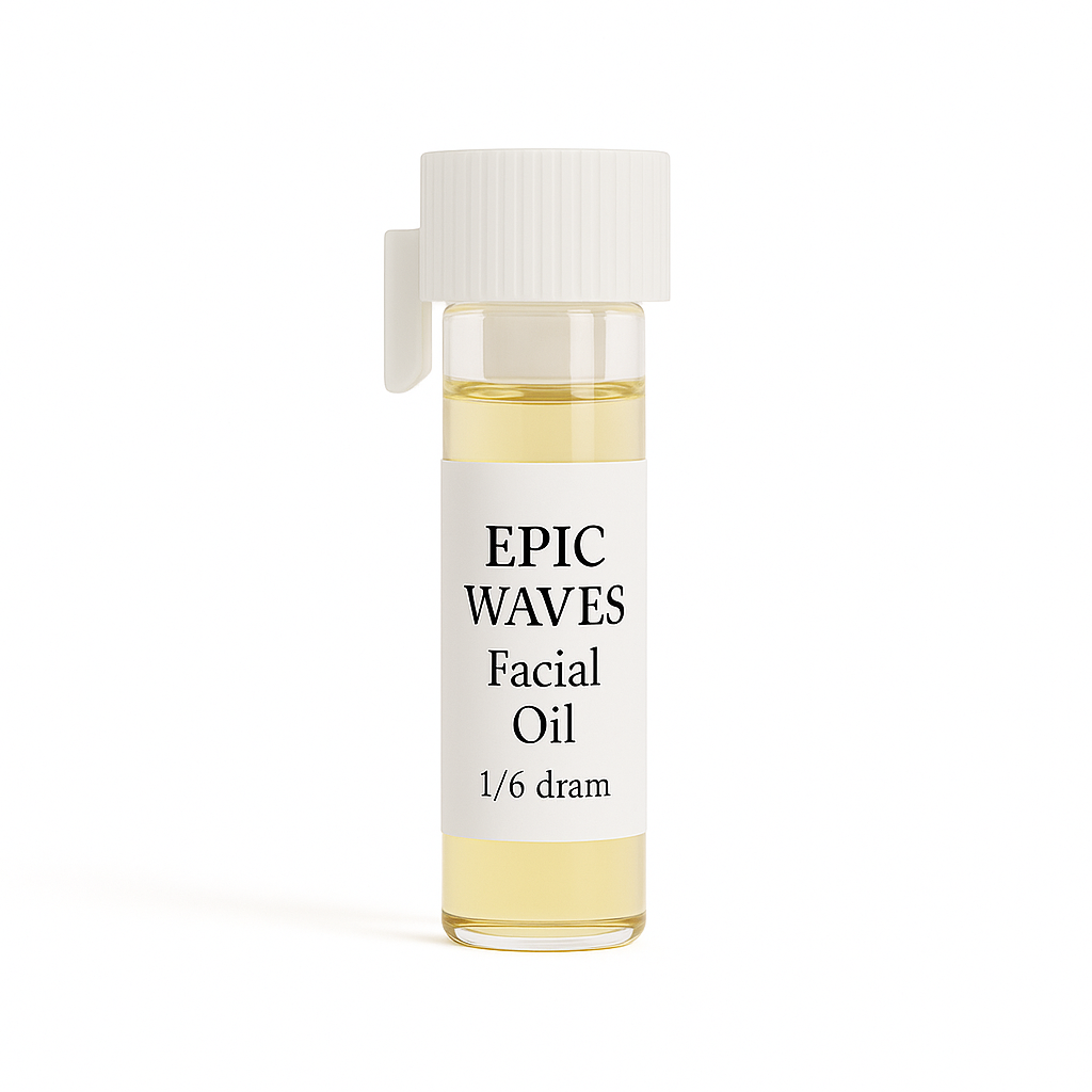Mini Epic Waves Facial Oil in clear 1/6 dram glass vial with white label and ribbed cap, displayed on pure white background