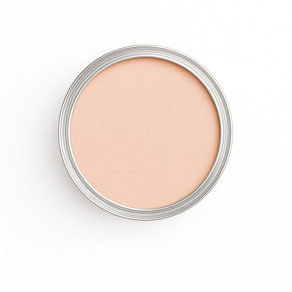 Top-down view of mini cosmetic jar of Natural Minerals Foundation with light neutral-beige matte powder on white background