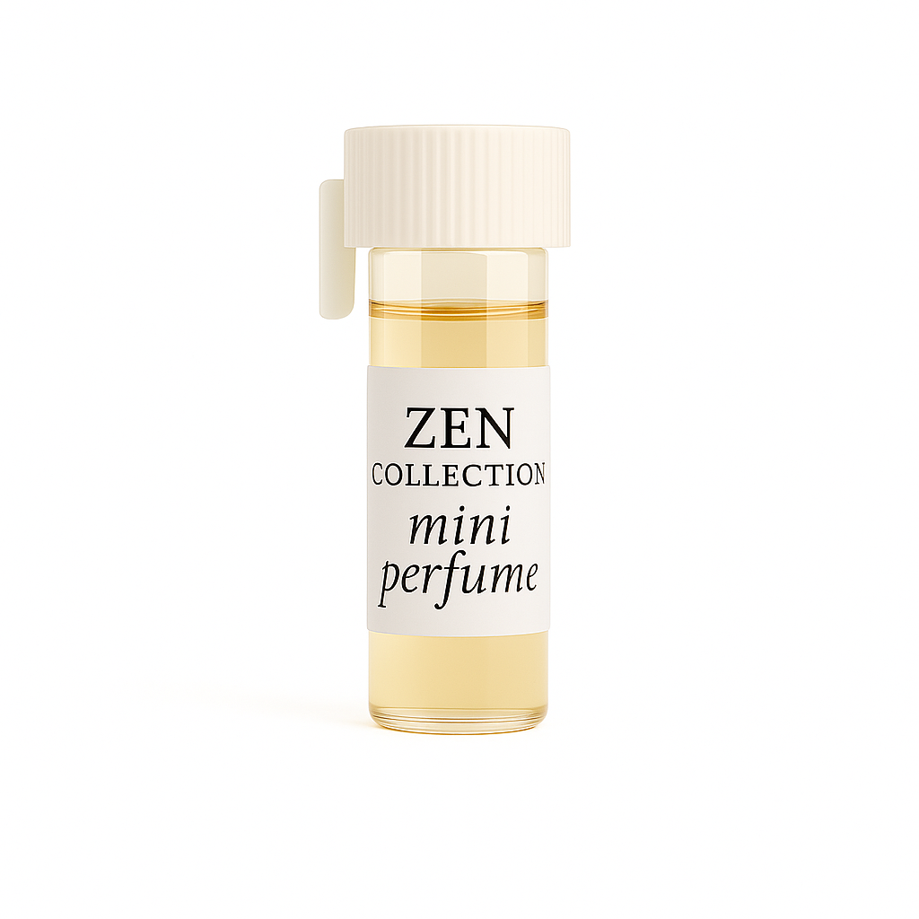 Mini perfume bottle labeled 'Zen Collection' on a white background