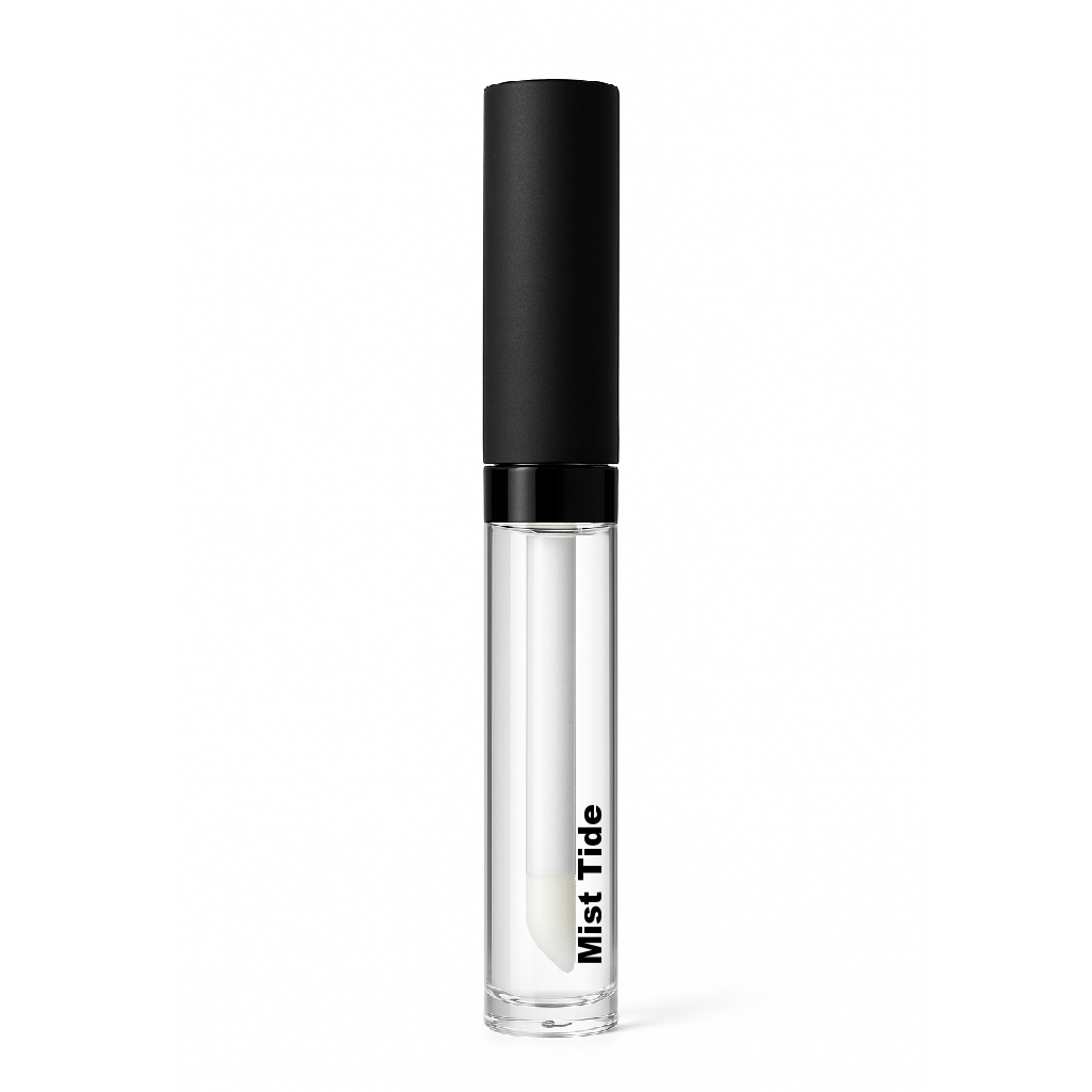 Mist Tide Lip Plump shown on a pure white background. Transparent gloss tube with silver cap containing clear lip plumping formula featuring a luminous, cushiony texture.