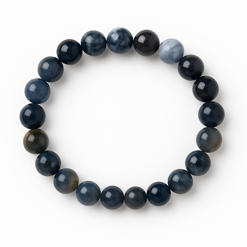 Stretch bracelet with polished 8mm Montana blue moss agate beads in moody blue tones, shown in a circle on white background