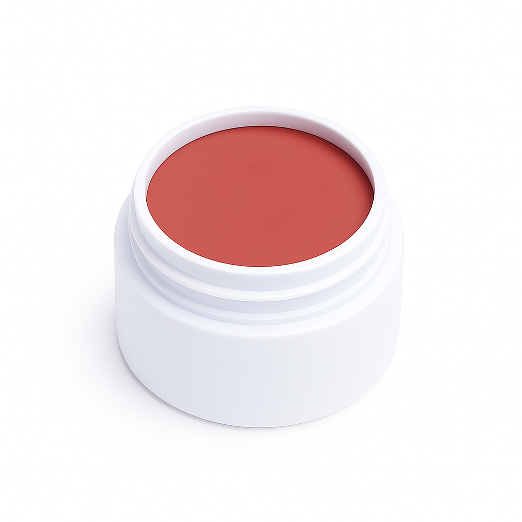 White cosmetic jar filled with coral red lip creme, smooth semi-matte finish, shown from above on a clean white background