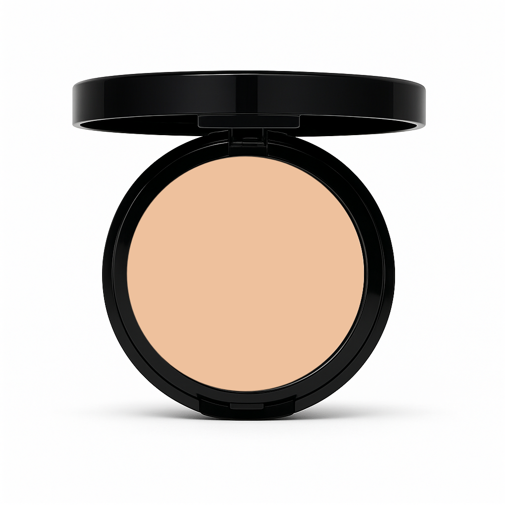 Open compact of Matte Powder Foundation in Dark Tan with warm golden-tan pressed powder in black case on white background
