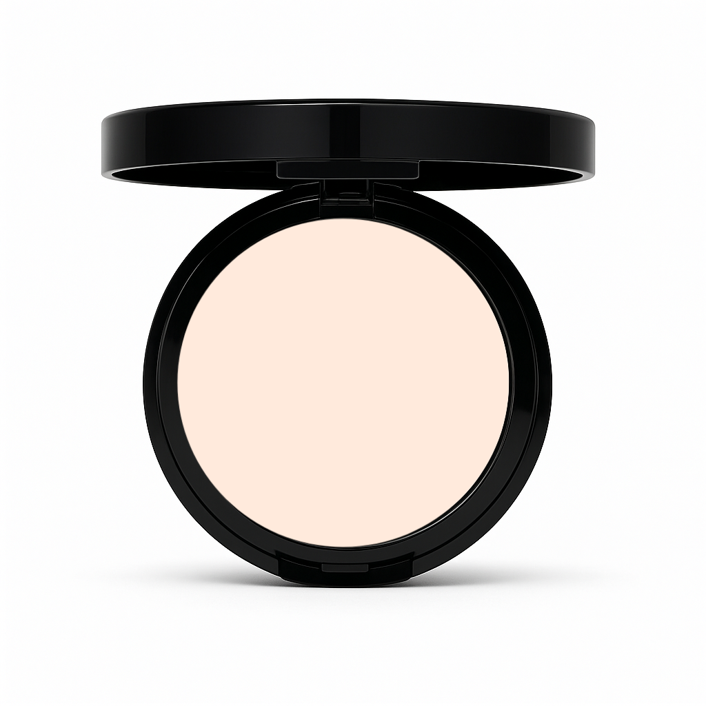 Open compact of Matte Powder Foundation in Light Porcelain with soft ivory pressed powder in black case on white background