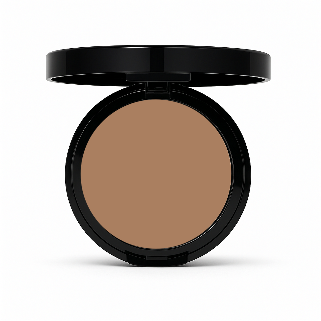 Open black compact of Matte Powder Foundation in Warm Umber with medium-deep warm brown pressed powder on white background

