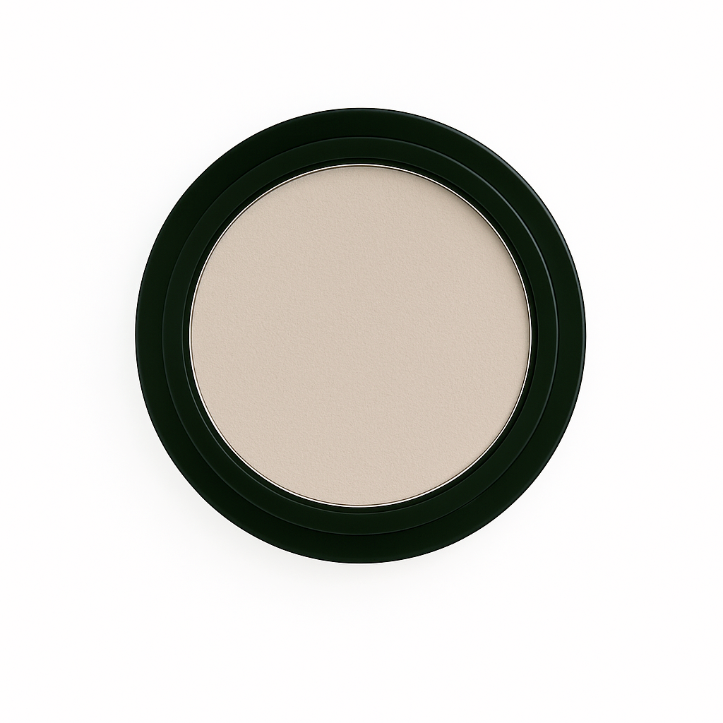 Round pan of light neutral beige matte eyeshadow in a black compact, displayed on a clean white background