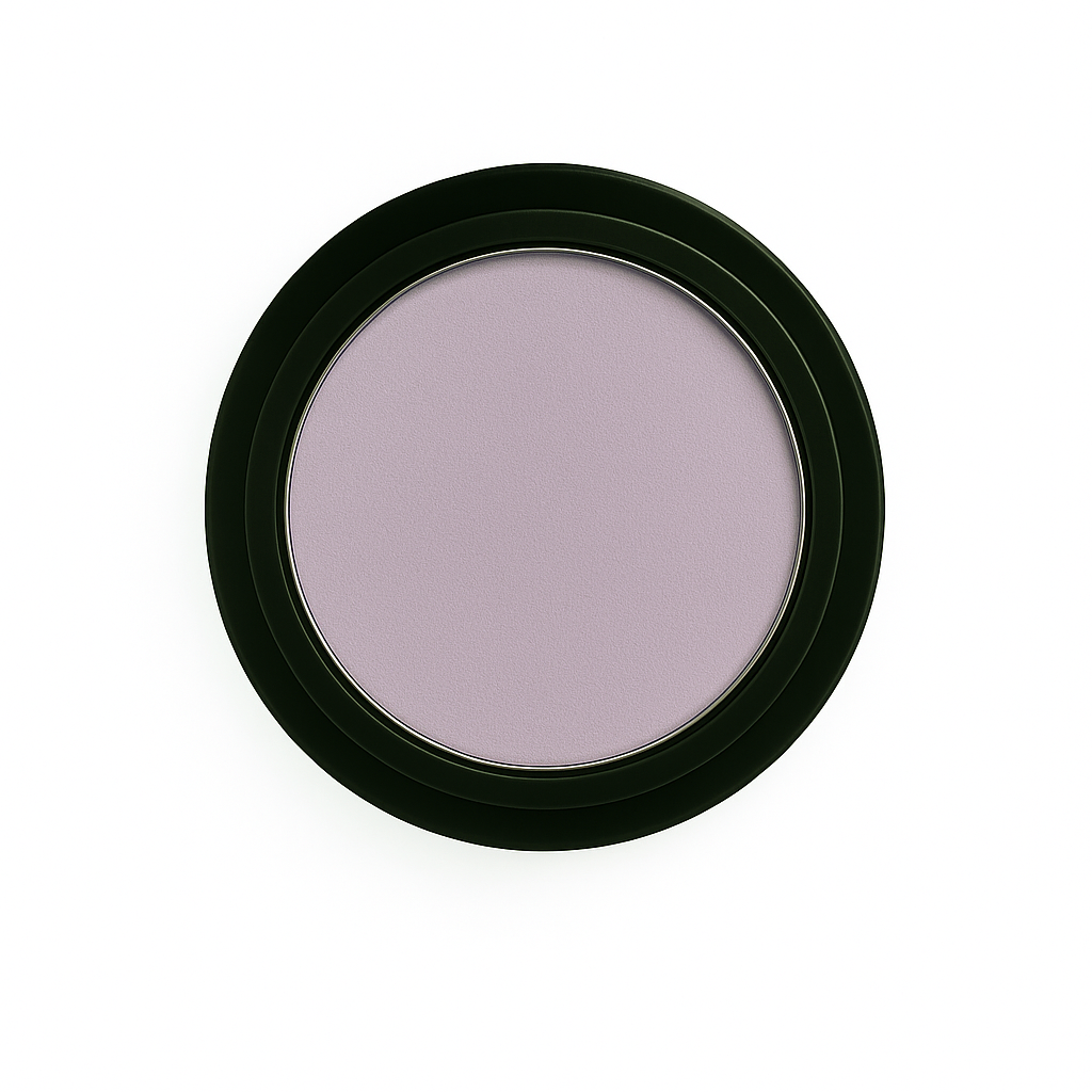 Round pan of matte lavender-grey taupe eyeshadow in black compact, displayed on a pure white background