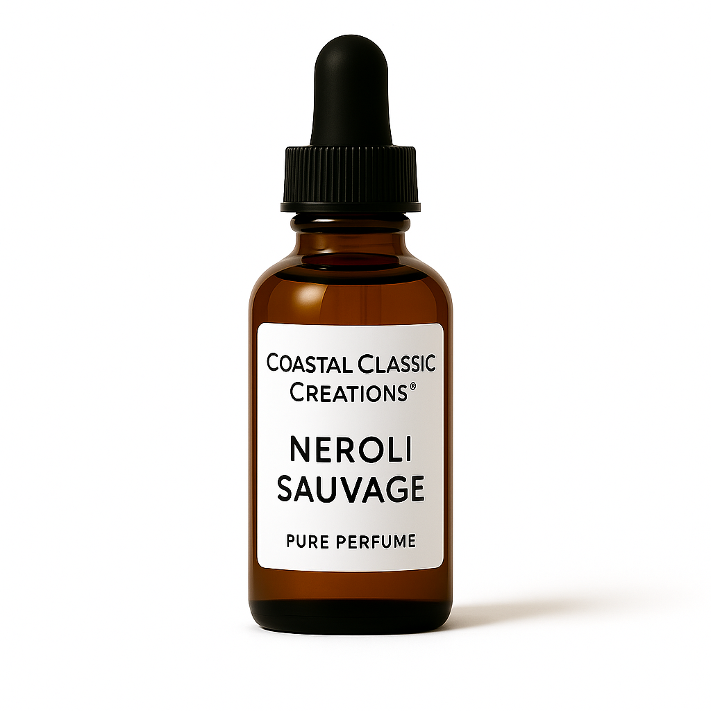 Bottle of Neroli Sauvage Type Pure Perfume with citrus, neroli, ginger, and vetiver notes on a white background