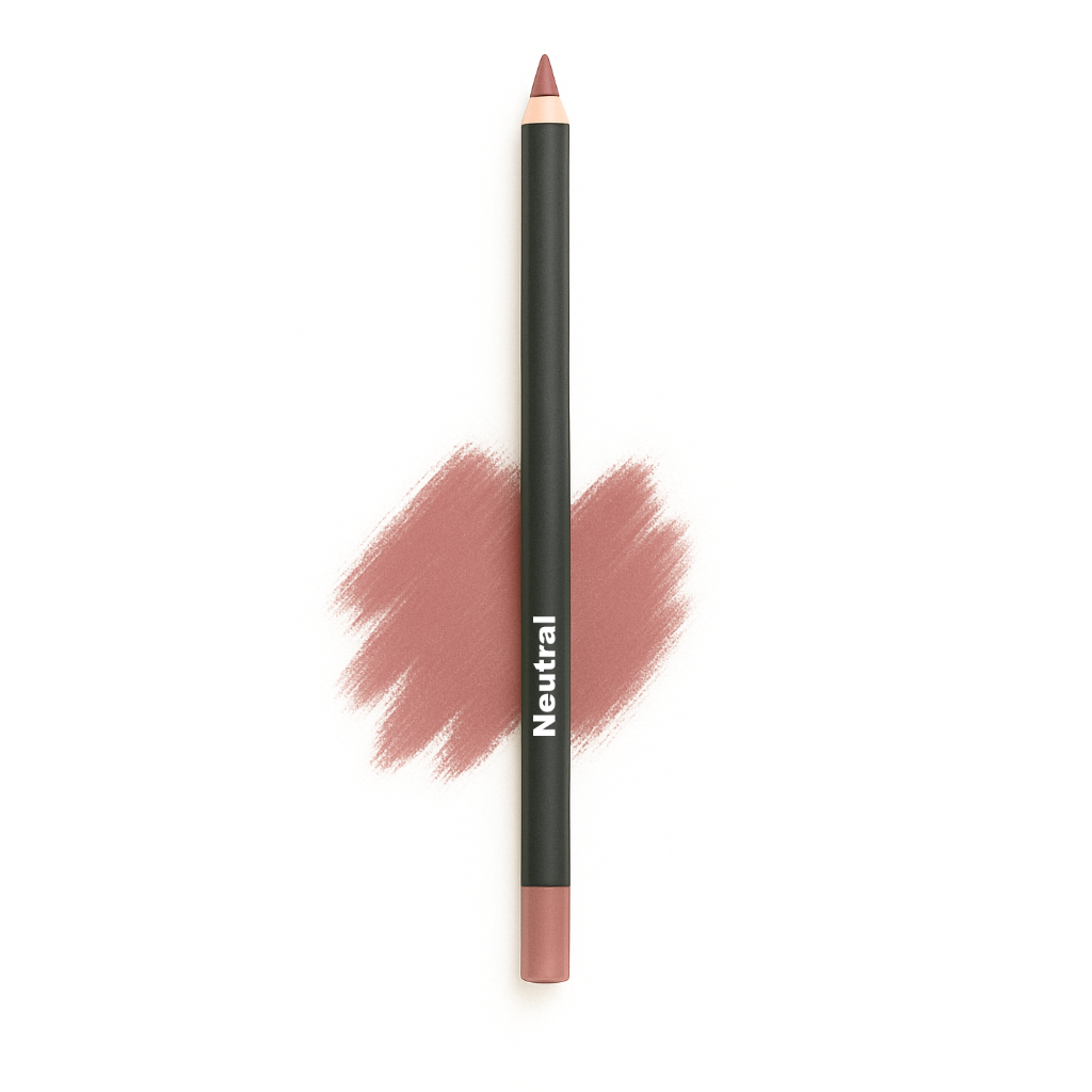Vertical slim lip crayon labeled “Neutral” with soft coral-pink swatch behind on white background