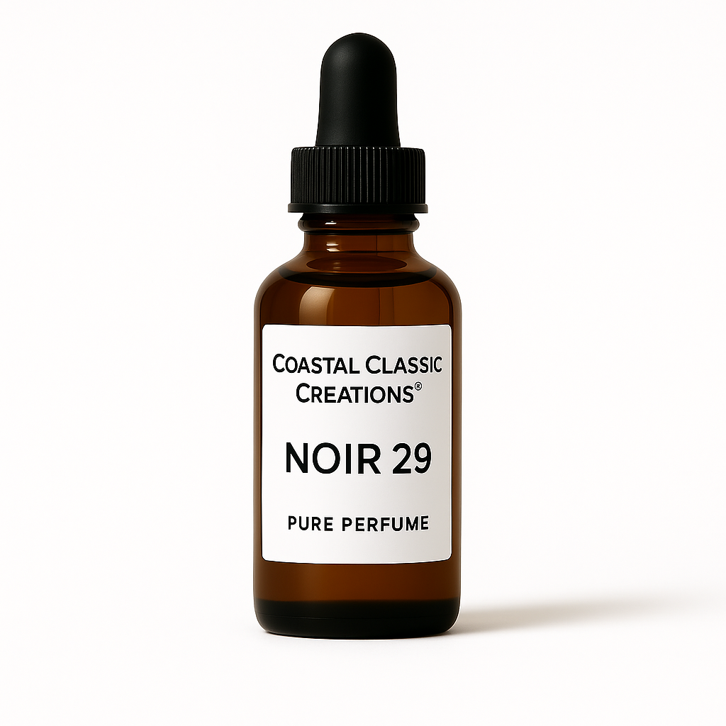 Bottle of Noir 29 Type Pure Perfume on a white background, representing bergamot, fig, bay leaf, tea, cedarwood, vetiver, and musk